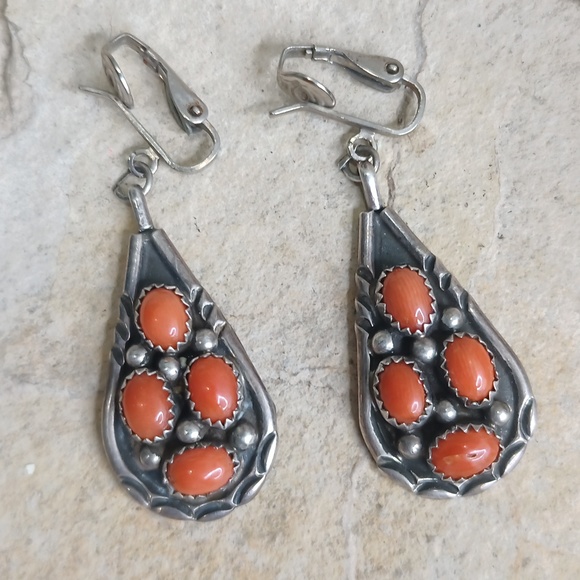 Vintage 925 Sterling Silver and Coral  Earrings 2" Long Clip back - Picture 1 of 6